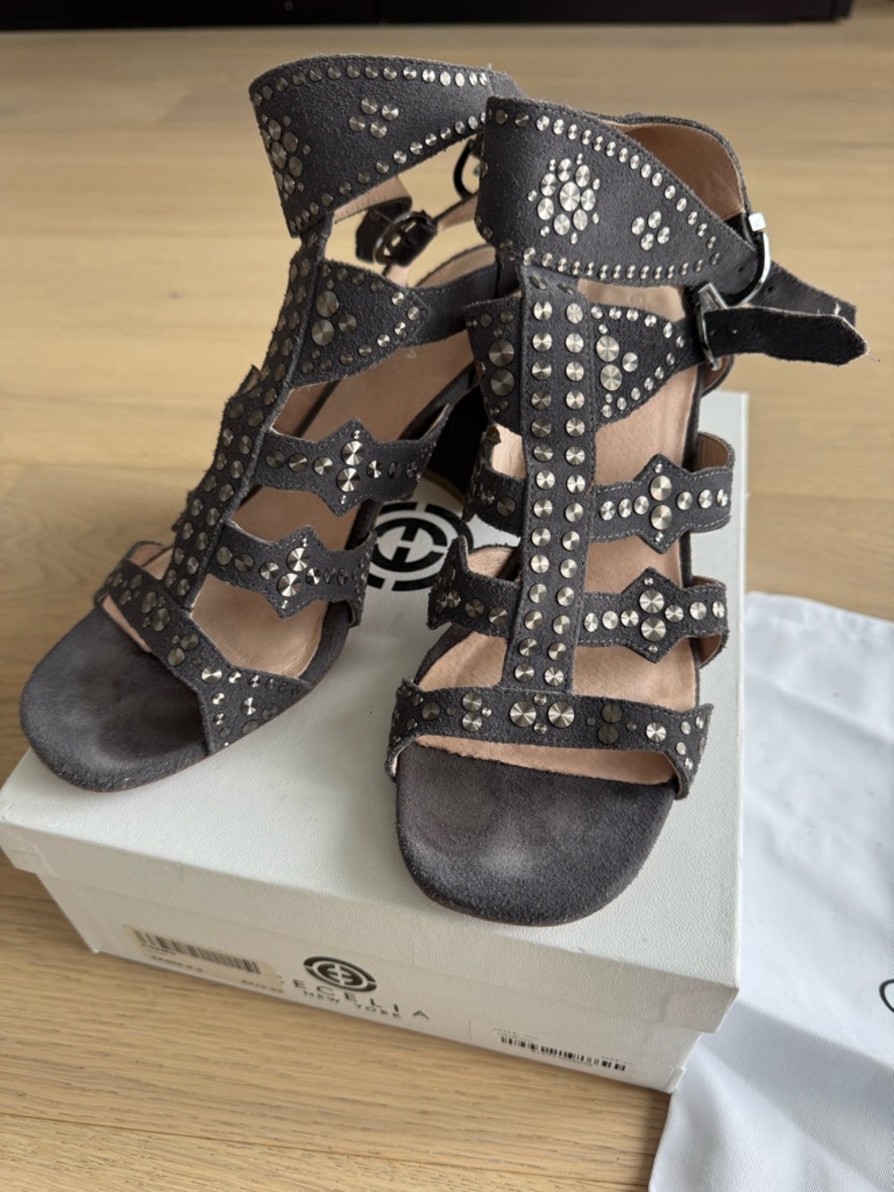 Cecelia New York Studded Gray Suede Strappy Sandals